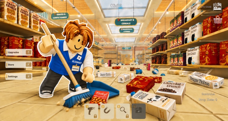 Clean The Superstore game screenshot showing loose items, overhead category signs, shelves, and PC controls